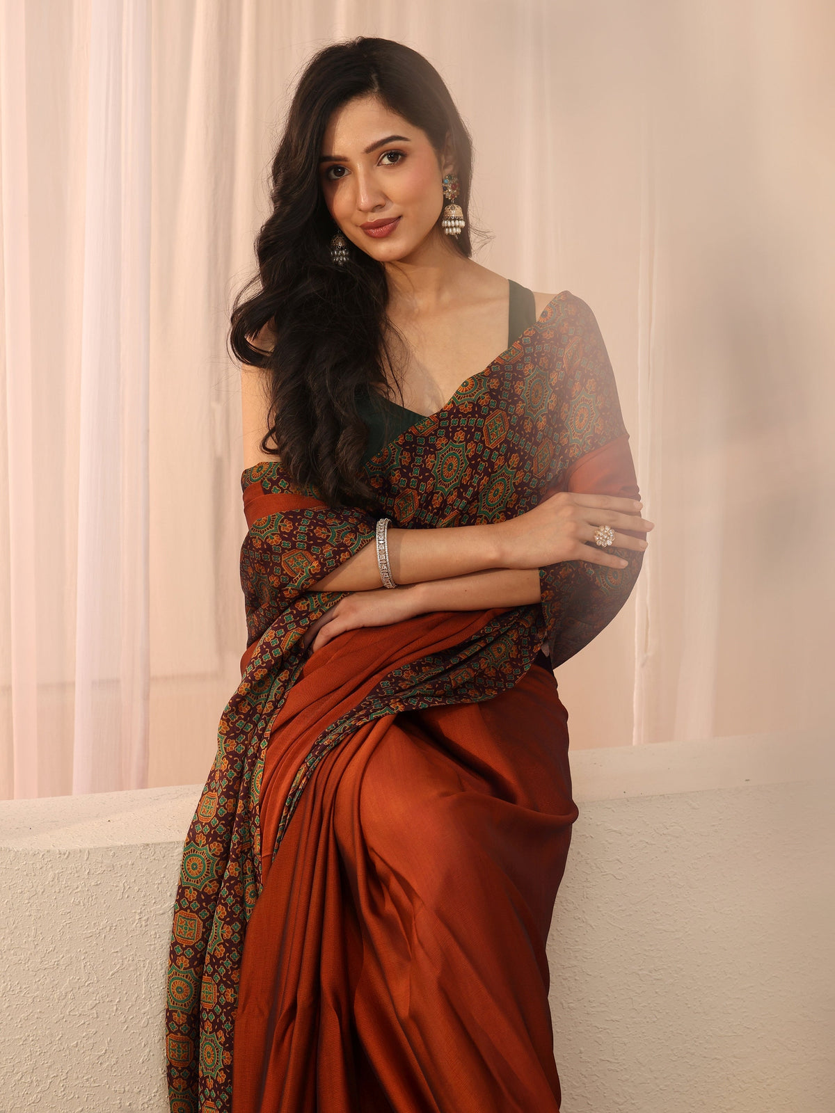 Rust Chiffon Saree with Printed Border