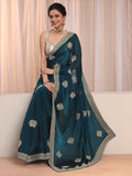 Teal Embellished Floral Motif Tissue Saree