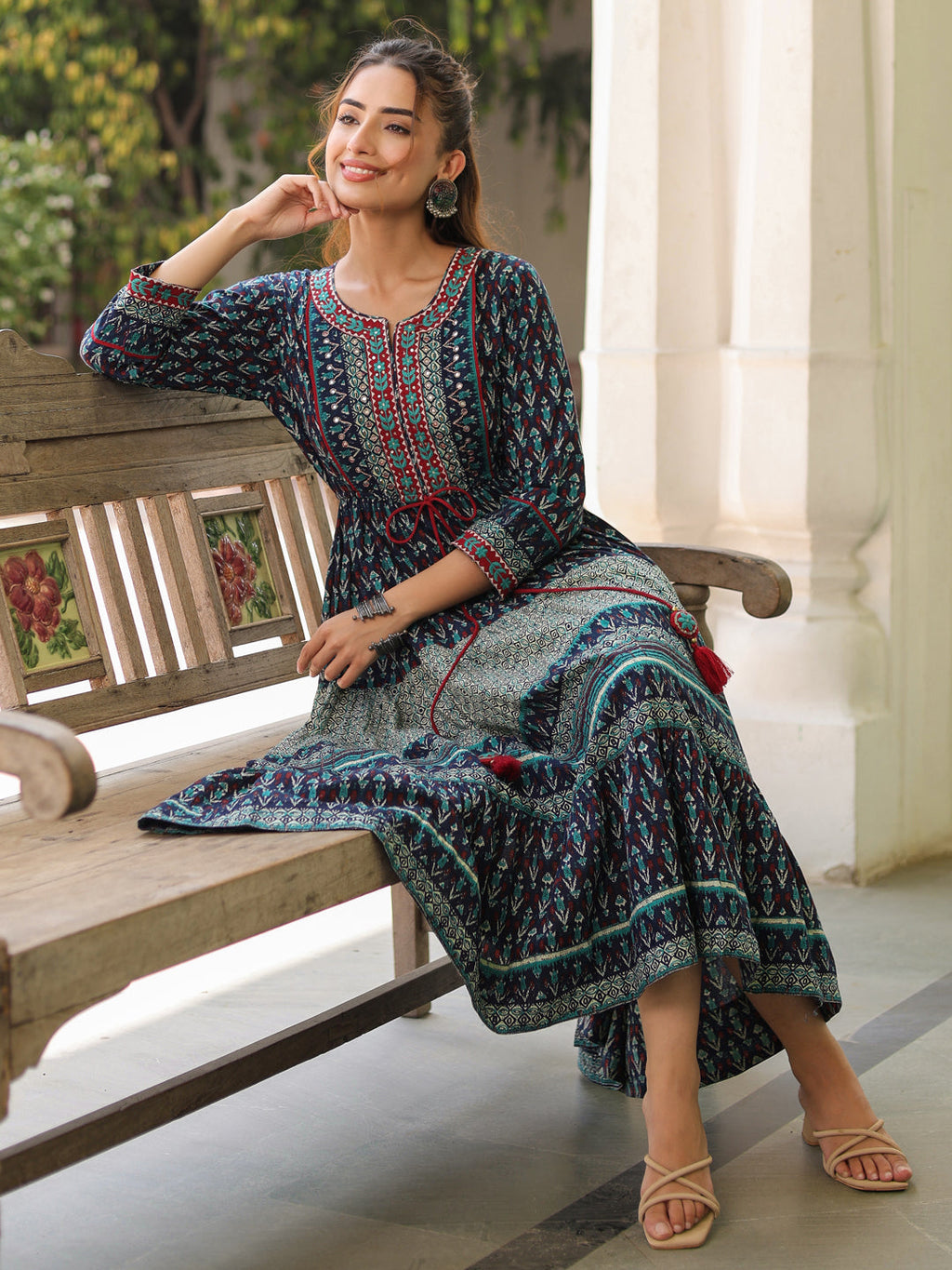 Printed Round Neck Pure Cotton Ethnic Dresses