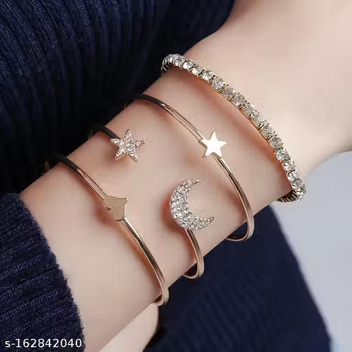 Elegant Combo of 4 Studded Star Moon Heart Bracelet for Women and Girls