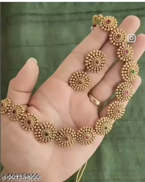 Designer Gold Plated Jewellery Set for Women || Traditional Design Necklace With Earrings Set For women And Girls || Goddess lakshmi Ji Jewellery Set For Women || Diwali Gift For Women and Girls || festive Wear Jewellery Set For Women