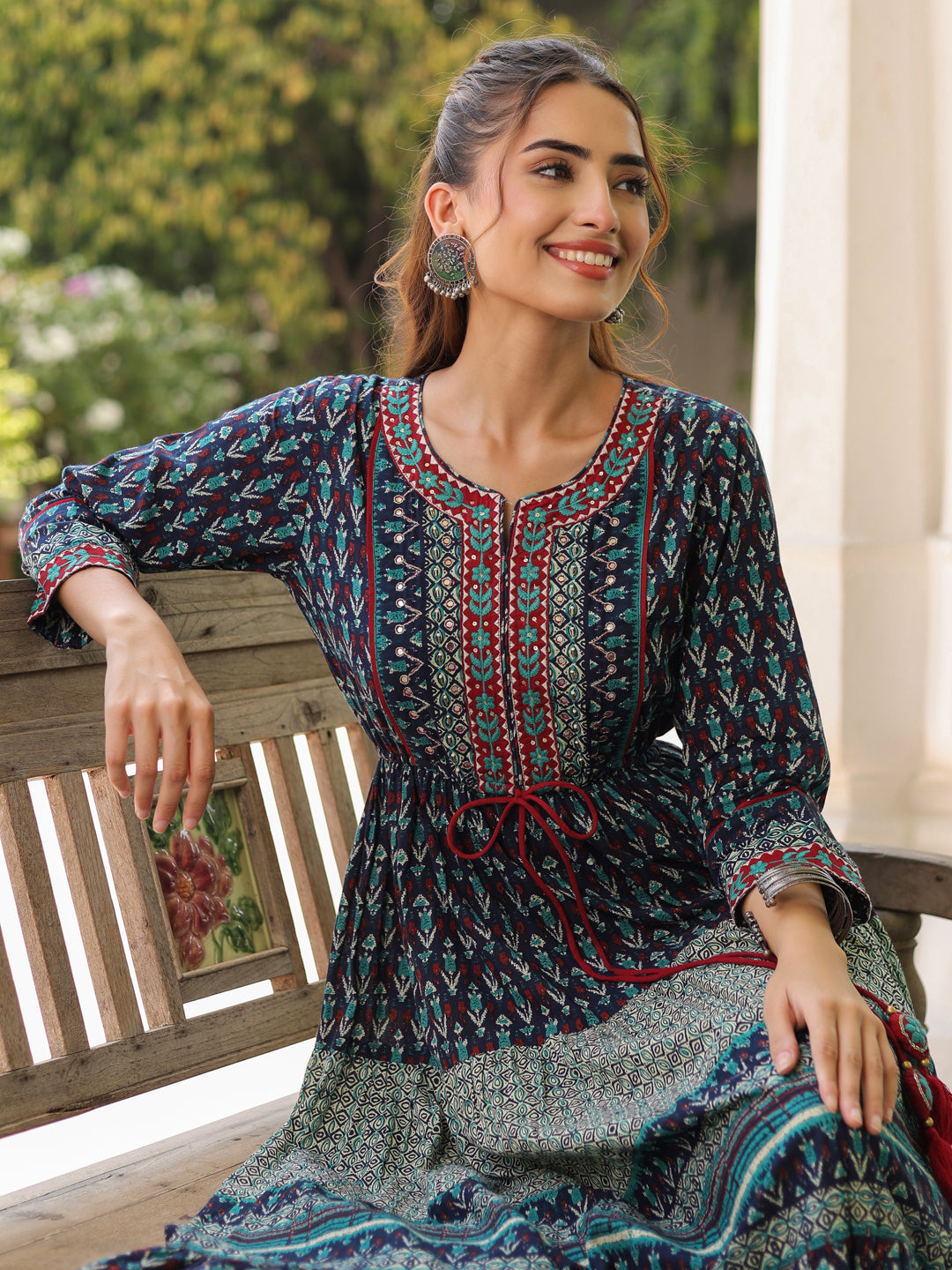 Printed Round Neck Pure Cotton Ethnic Dresses